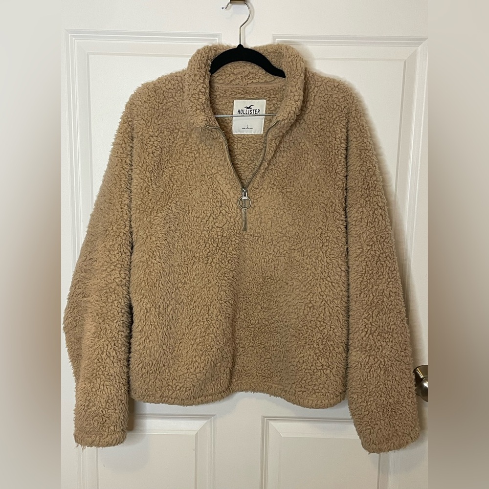 Hollister Teddy Sherpa 1/4 Zip Pullover Sweatshirt Tan Camel O-Ring L